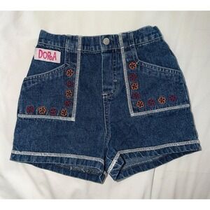 VTG Dora Girls Denim Shorts Size 6 Embroidered Flowers Elastic Waist Nick Jr